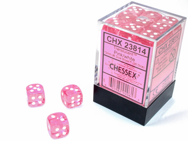 Chessex Translucent - Pink/White 12mm d6 Dice Block (36 dice)