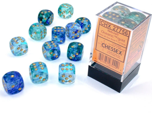 Chessex Nebula - Oceanic/Gold 16mm d6 Dice Block (12 dice)