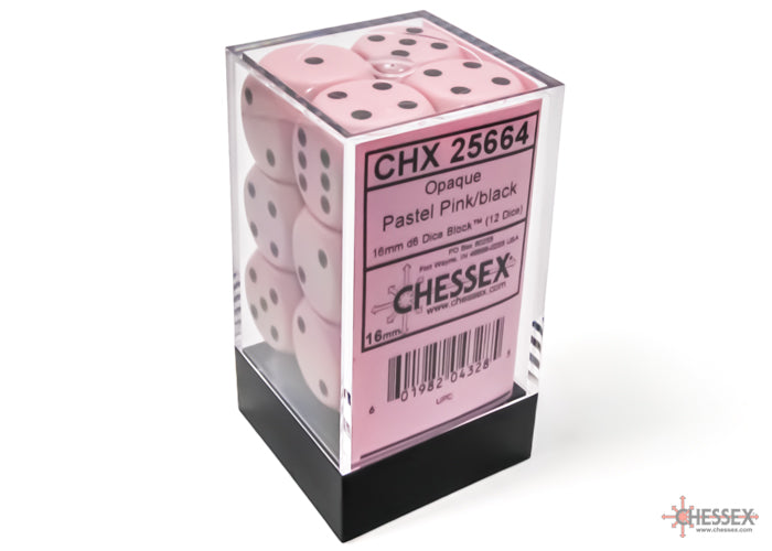 Chessex Opaque - Pastel Pink/Black 16mm d6 Dice Block (12 dice)