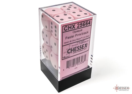 Chessex Opaque - Pastel Pink/Black 16mm d6 Dice Block (12 dice)