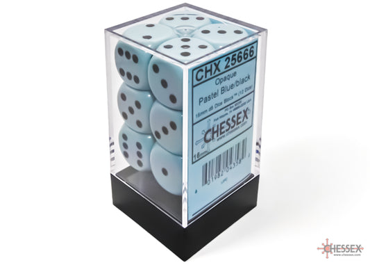 Chessex Opaque - Pastel Blue/Black 16mm d6 Dice Block (12 dice)