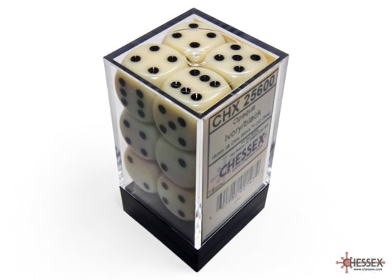 Chessex Opaque - Ivory/Black 16mm d6 Dice Block (12 dice)