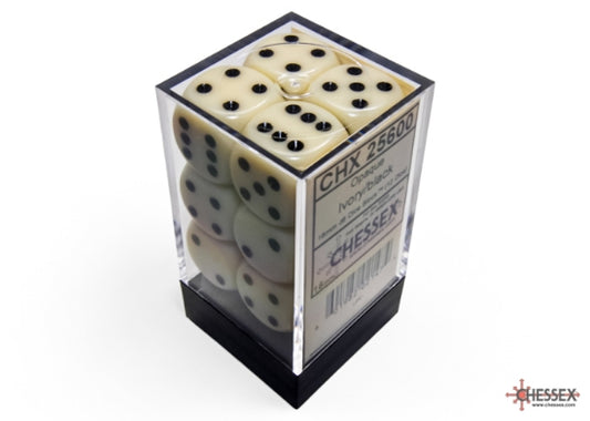Chessex Opaque - Ivory/Black 16mm d6 Dice Block (12 dice)