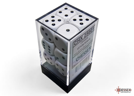 Chessex Opaque - White/Black 16mm d6 Dice Block (12 dice)
