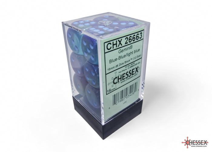 Chessex Gemini - Blue-Blue/Light Blue 16mm d6 Dice Block (12 dice)
